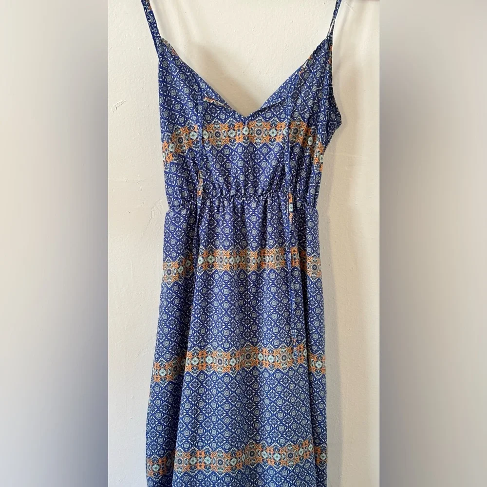 🌸 Peach Royal Boho Maxi Size Medium Blue/Teal/Orange Graphic Print Dress